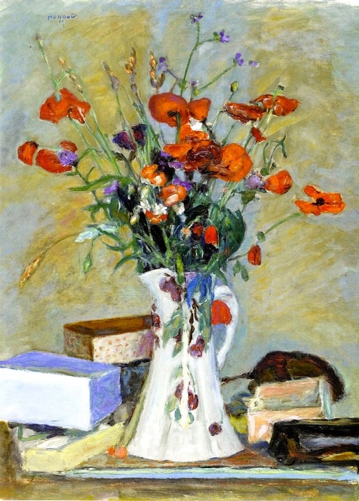 Bonnard still life of red-orange poppies in a patterned white jug beside a stack of books
