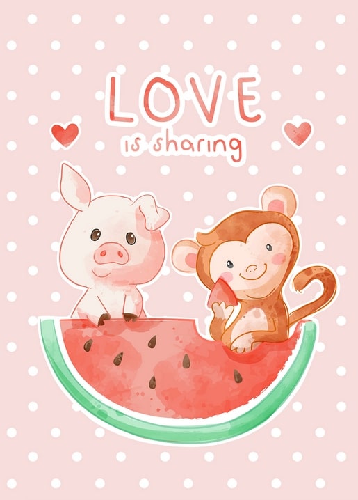 Aquarell-Postkarte: Ferkel und Affe teilen eine Wassermelone zwischen Herzen