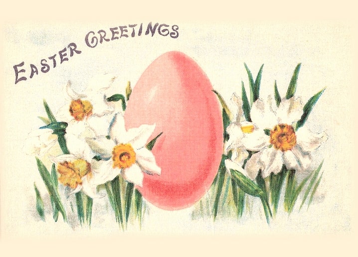 Großes rosafarbenes Ei zwischen weißen Narzissen, Vintage-Osterpostkarte
