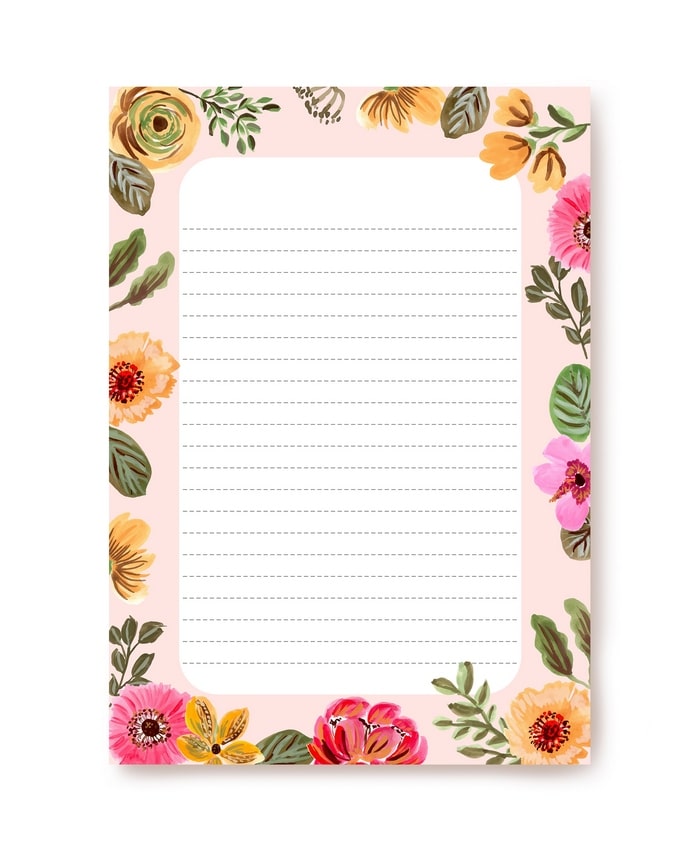 Pink and yellow floral border around dashed writing lines on a lined letter paper sheet