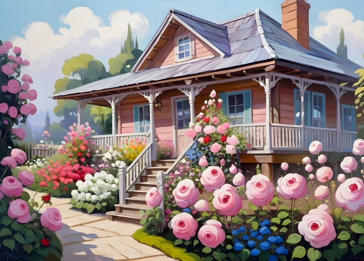 Pink cottage porch with climbing roses, white blooms, and blue hydrangeas along a stone path
