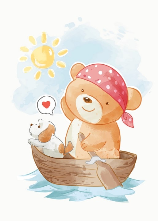 Watercolor postcard of a bear in a red bandana rowing a boat with a puppy and a heart between them.