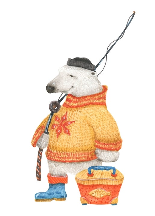 Illustrierter Eisbär im Pullover mit Angel und Fischkorb