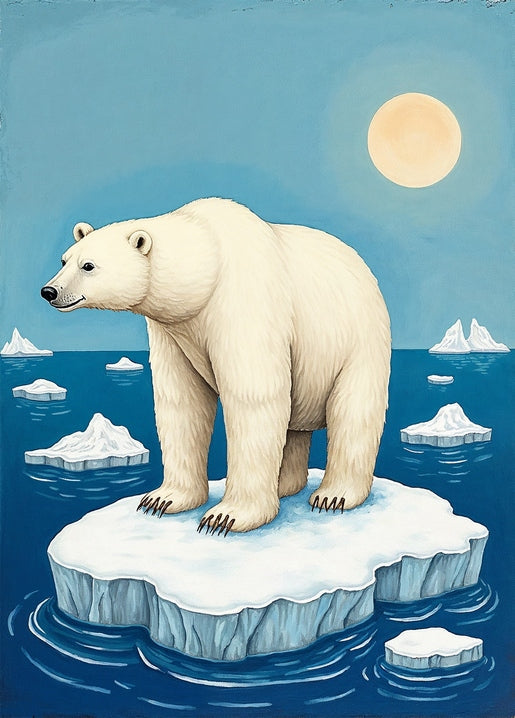 Illustrierter Eisbär auf einer Eisscholle unter blasser Sonne zwischen Eisbergen