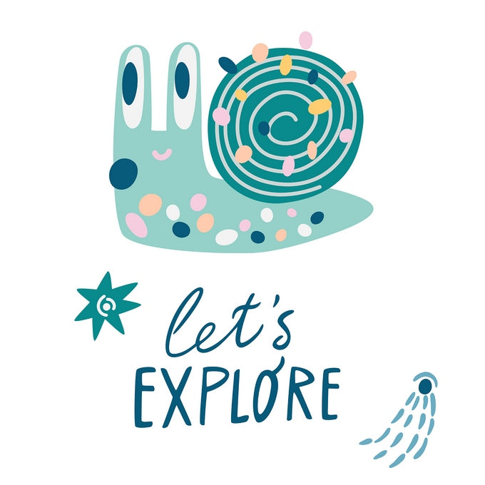 Illustrated mint-green snail with a polka-dot spiral shell and the words 'let's explore'