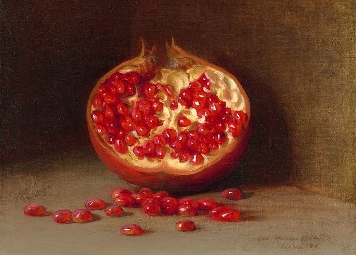 Oil painting of a halved pomegranate with scattered seeds by George Henry Hall
