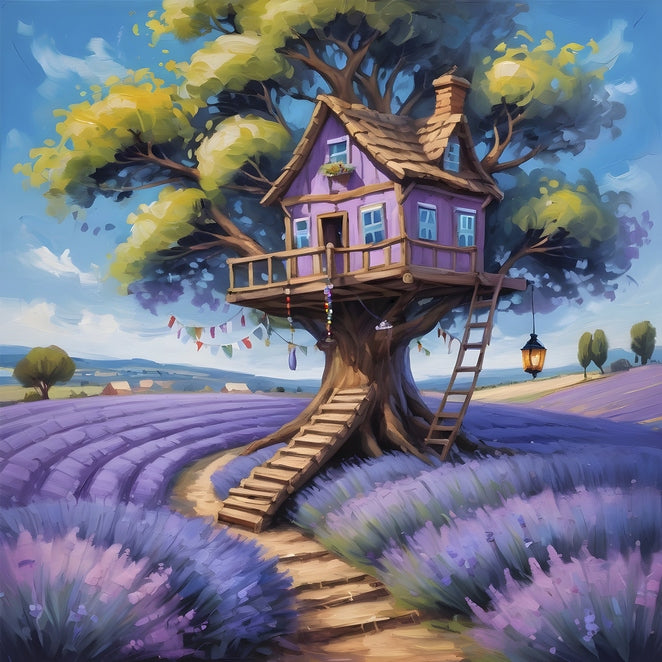 Whimsical purple treehouse with a ladder set among Provence lavender fields