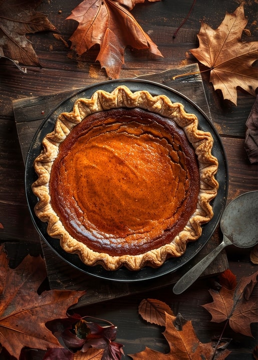 Whole pumpkin pie on a dark wood table surrounded by autumn maple leaves