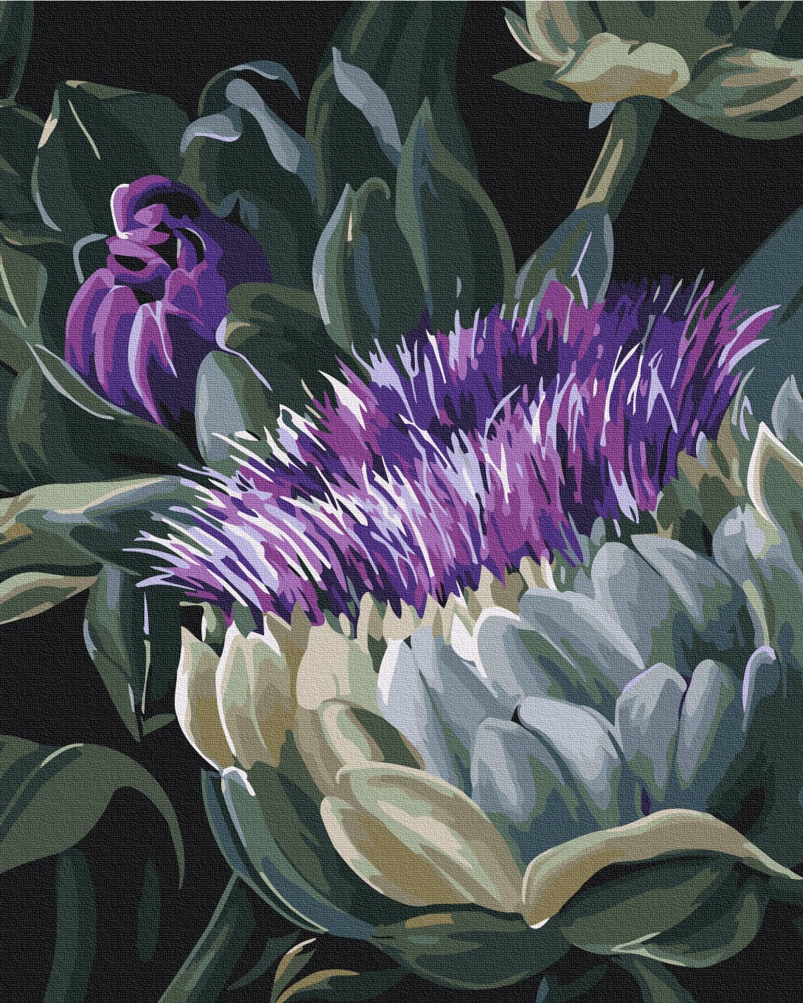 Violette Artischockenblüte in Nahaufnahme vor dunklem Hintergrund, Design von Yana Biluhina