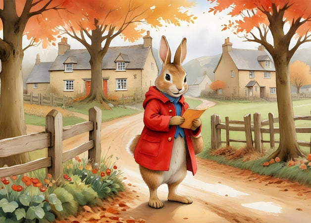 Illustrated rabbit in a red coat reading a letter on an autumn village lane
