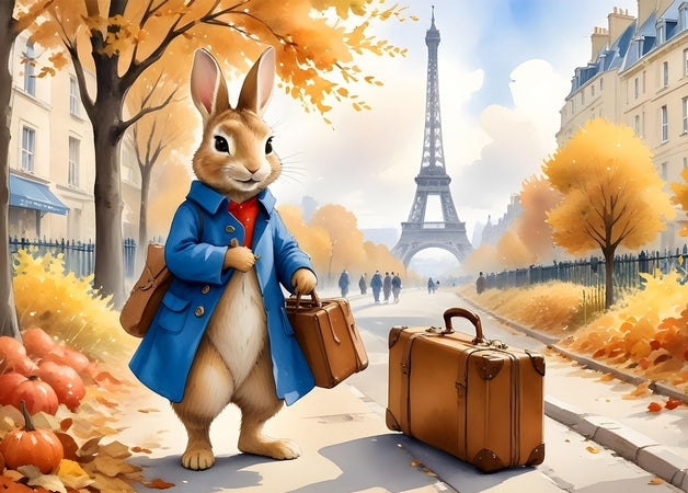 Illustrierter Hase im blauen Mantel mit Koffern vor dem Eiffelturm im Herbst