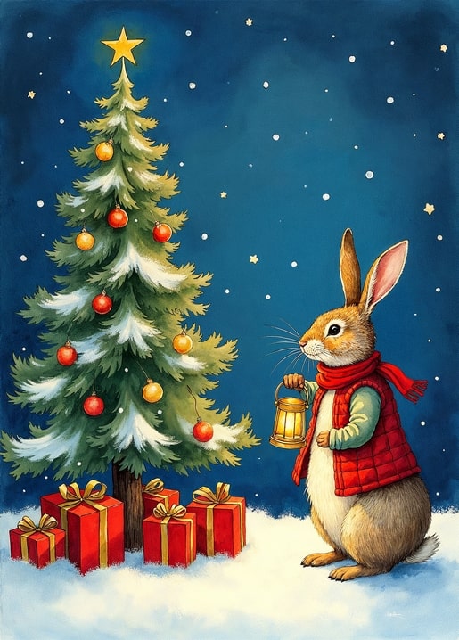 illustration rabbit Peter Christmas day postcard
