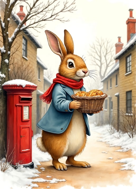 illustration rabbit Peter Christmas day postcard
