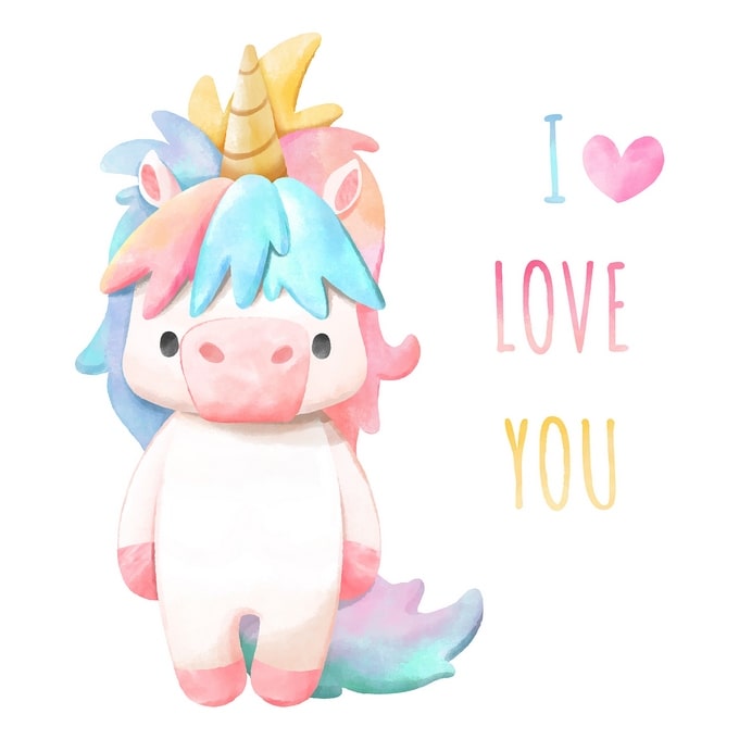 Aquarell-Einhorn-Plüschtier mit Regenbogenmähne neben der Botschaft „Ich liebe dich“