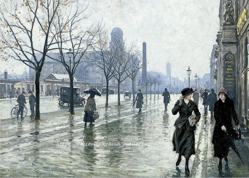 Regennasser Boulevard in Kopenhagen mit Radfahrer, Regenschirm und Spiegelungen, Gemälde von Paul Gustave Fischer