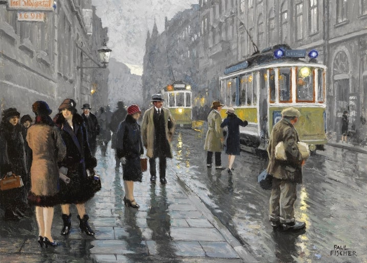 Beleuchtete Straßenbahn auf regennasser Straße in der Dämmerung, Gemälde von Paul Gustave Fischer