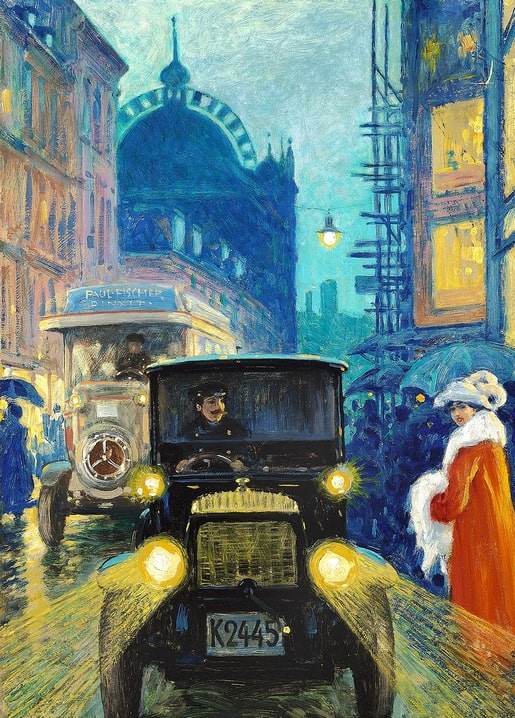 Regennacht in der Stadt mit Autoscheinwerfern und Frau im roten Mantel, Gemälde von Paul Gustave Fischer