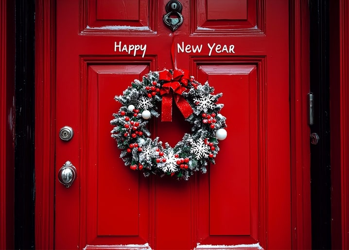 Red front door with a snowflake and berry Christmas wreath and 'Happy New Year' lettering