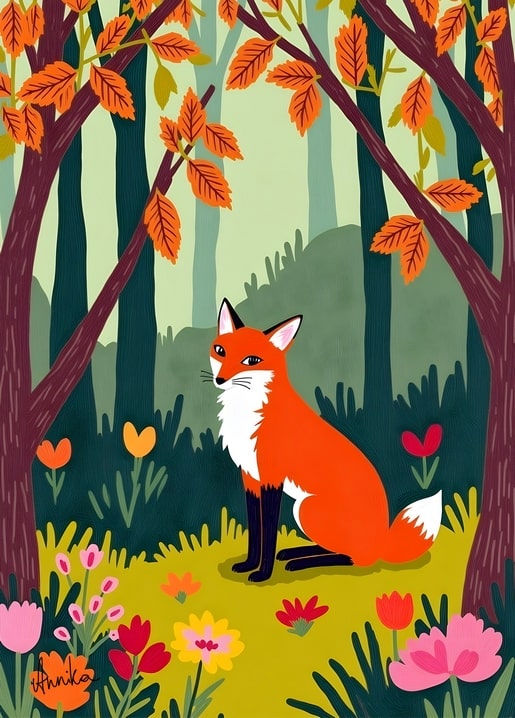 Illustrierter Fuchs sitzt zwischen Wildblumen unter herbstlichem Laub