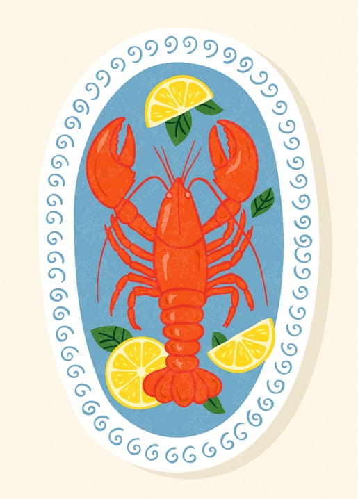 Illustration eines roten Hummers auf blauem Oval mit Zitronenspalten und Minzblättern