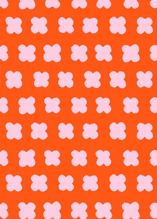Rosa Blütenmuster mit vier Blütenblättern auf leuchtend orangem Hintergrund