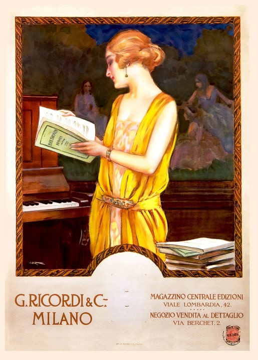 Vintage ad for G. Ricordi & C. music publisher, woman reading a Beethoven score at the piano