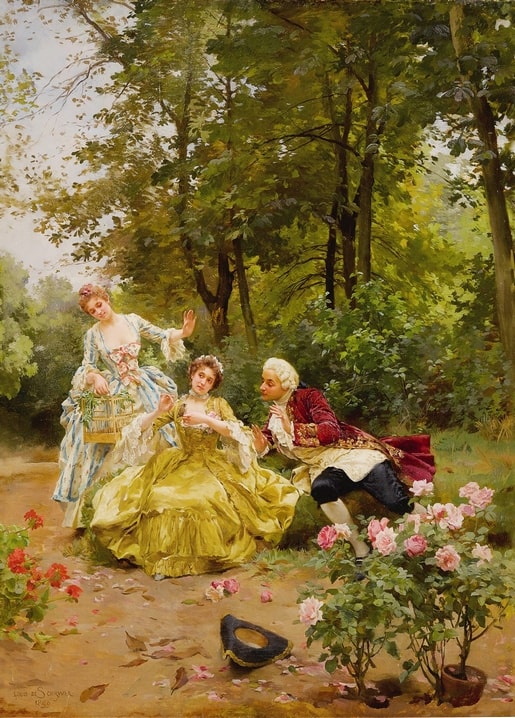Gemälde von Louis De Schryver: Werbung eines Paares im 18. Jahrhundert im Rosengarten mit Vogelkäfig