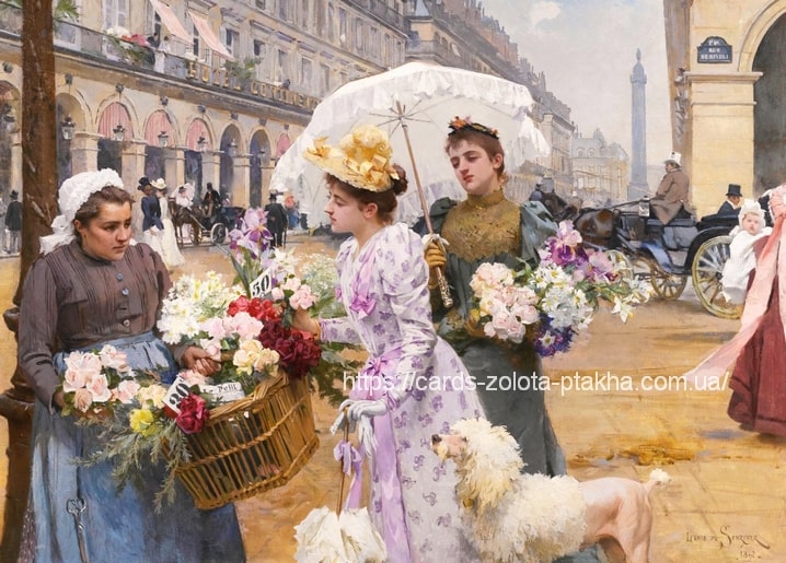 Dame in Lavendel mit weißem Pudel wählt Rosen am Place Vendôme