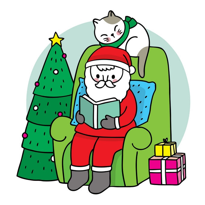 Santa reading a book in an armchair with a Christmas tree, gifts, and a cat asleep on his shoulder.