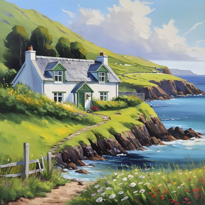 White cottage with green shutters on a grassy Scottish hillside above a rocky cove