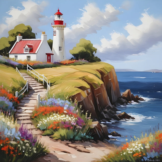 White cottage and red lighthouse on a Scottish cliff above the sea, wildflower path
