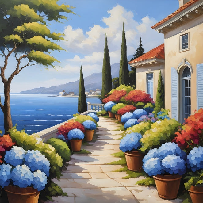 Mediterranean terrace with potted blue and red hydrangeas overlooking the sea and cypress trees