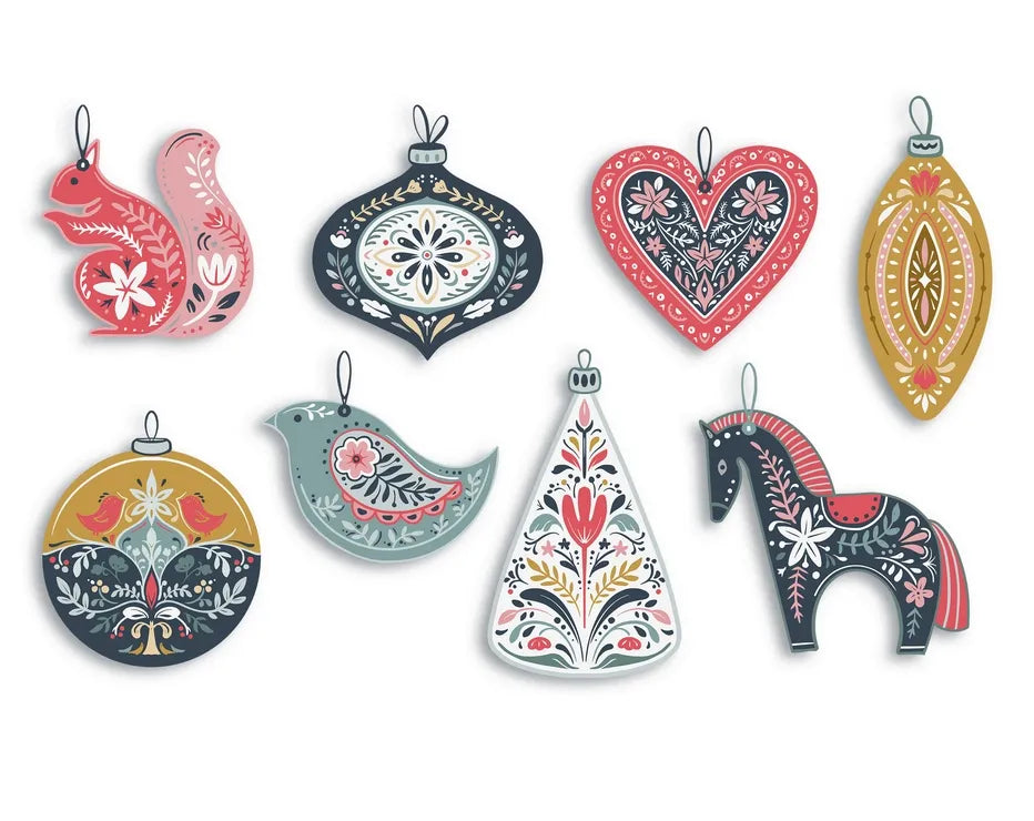 Set of 8 folk art Christmas ornament shaped postcards featuring a squirrel, decorative birds, a heart, baubles, a bell and a rocking horse with colorful floral patterns.