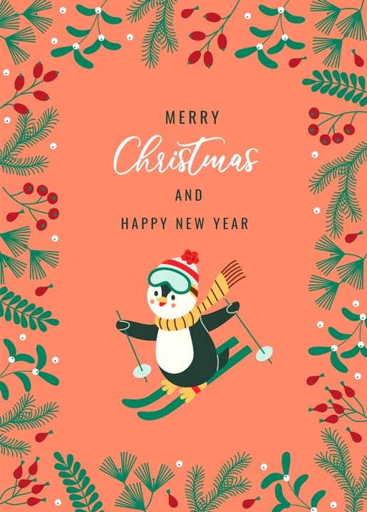 Pinguin mit Skibrille und gestreiftem Schal fährt auf einer korallenfarbenen Weihnachtskarte Ski.
