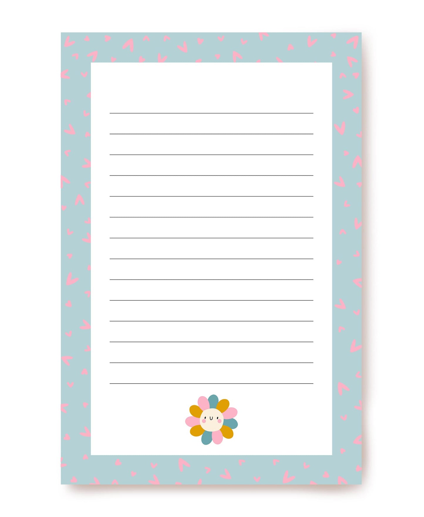 Mint stationery sheet with pink confetti hearts and a smiling flower character at the bottom