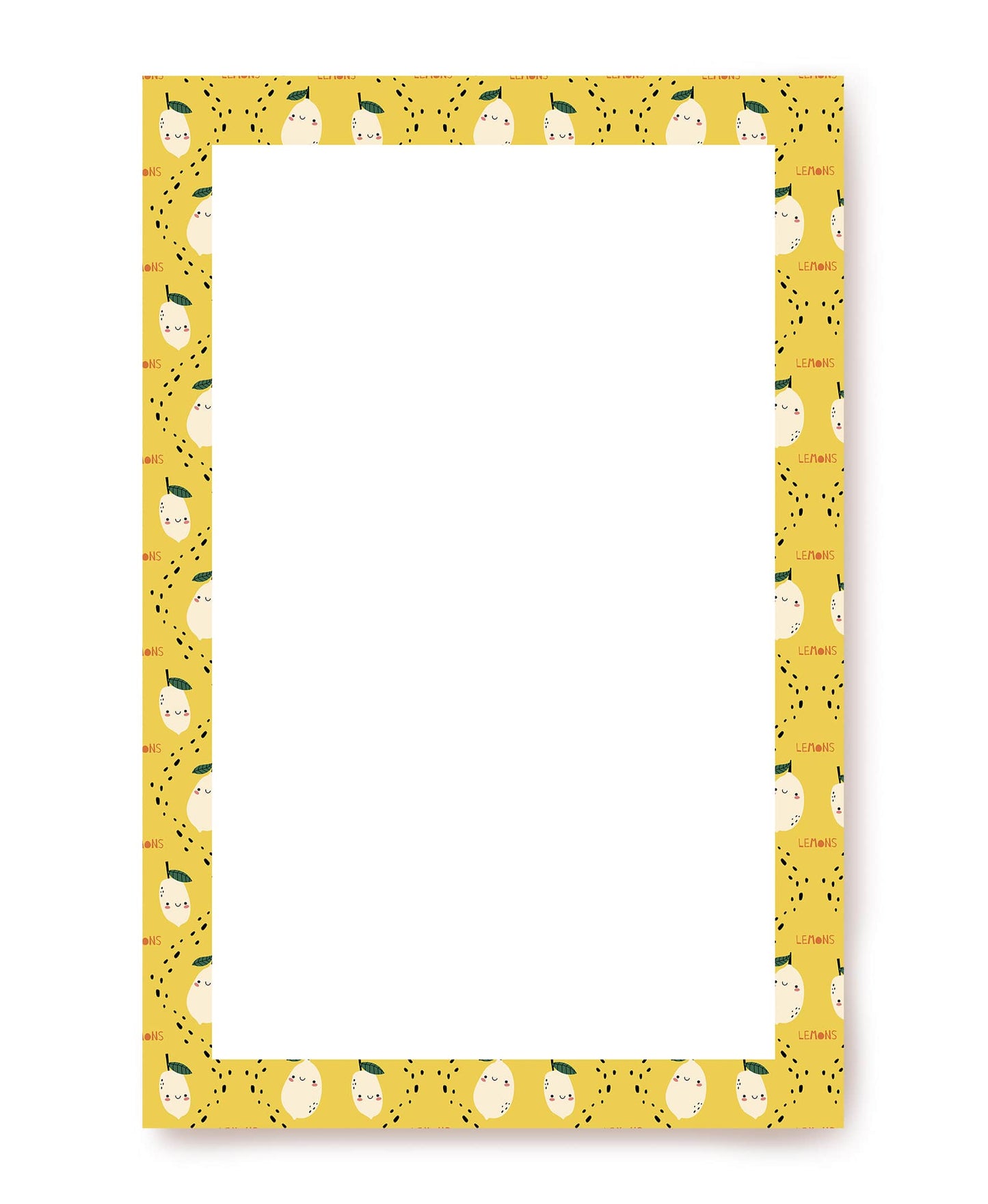 Writing paper bordered with smiling, kawaii-style lemon illustrations on mustard yellow