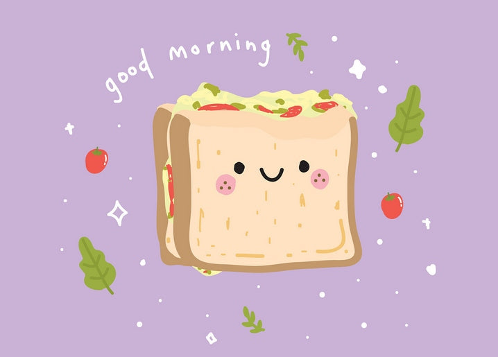 Smiling sandwich with melted cheese and tomato saying ‘good morning’ on a lavender background