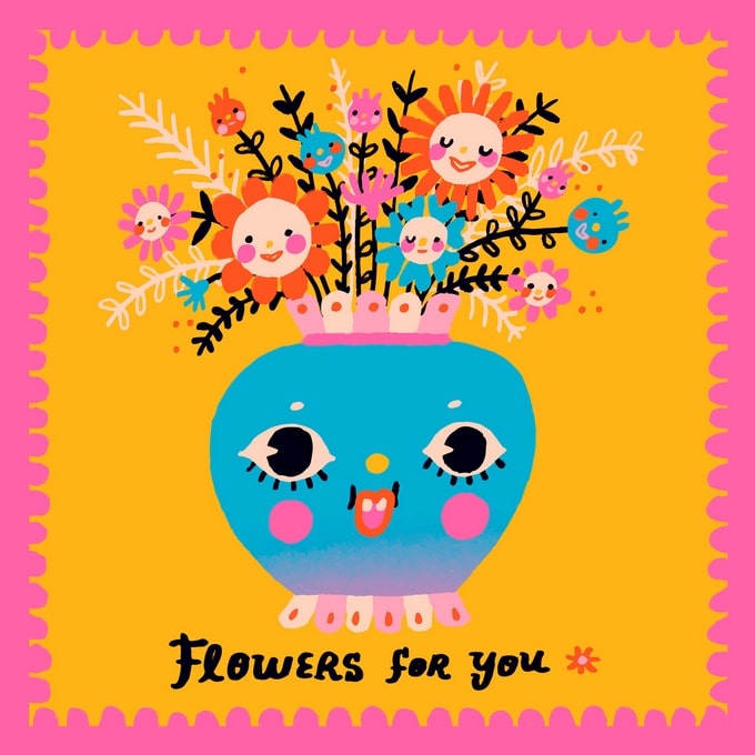Illustrated blue vase with a smiling face holding a bouquet of cartoon flowers