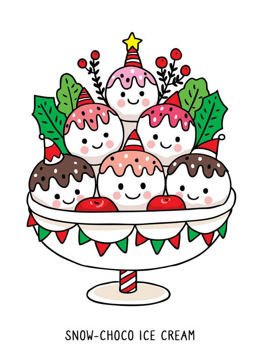 Sieben kawaii Eiskugeln mit Partyhüten unter dem Schriftzug „Snow-Choco Ice Cream“ auf einer Etagere