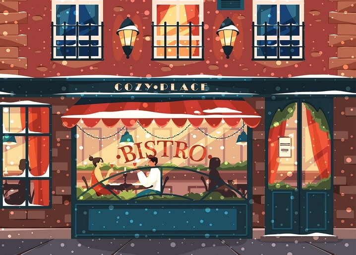 Illustriertes verschneites Bistro bei Nacht mit einem Paar am Fenstertisch
