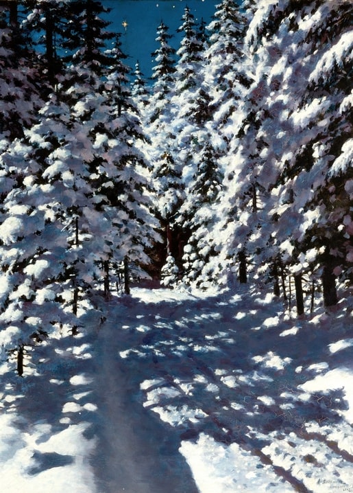 Snow-laden pine forest under a starlit night sky by Stanisław Witkiewicz