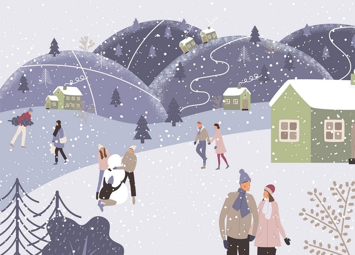 Pastellillustration eines verschneiten Dorfes mit Menschen und einem Schneemann