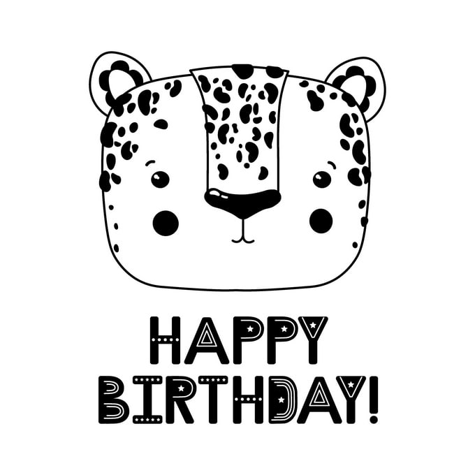 Чорно-біла графічна мордочка леопарда з написом Happy Birthday