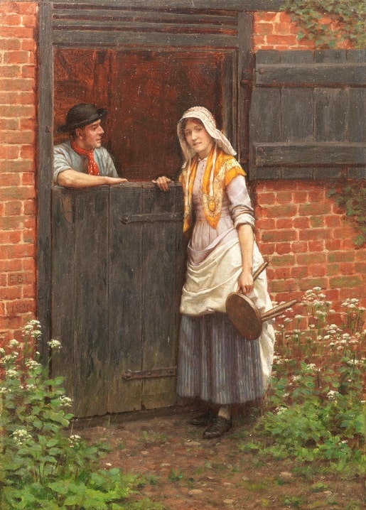 Ein Landarbeiter spricht mit einer Frau über die untere Hälfte einer Stalltür, Leighton, 'Eine oft erzählte Geschichte'