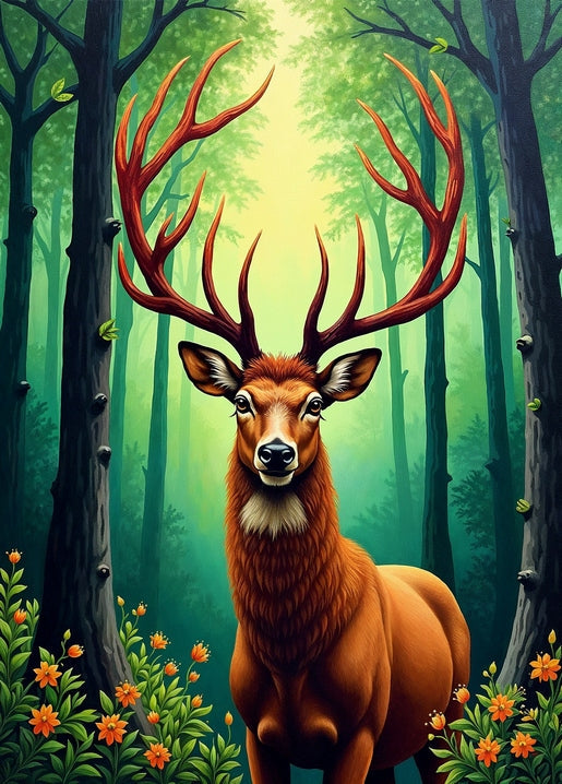 Illustrierter Hirsch mit hohem Geweih in nebligem Wald zwischen orangefarbenen Wildblumen