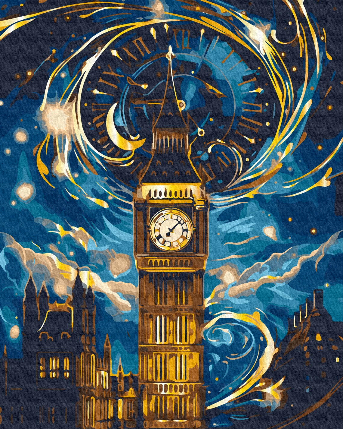Big Ben tower glowing gold beneath a Van Gogh–style swirling sky with a giant clock face