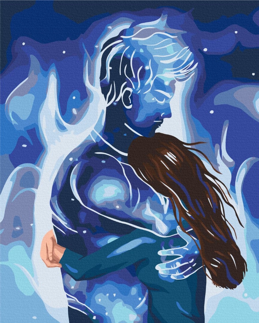 Illustration eines umarmenden Paares, der Mann in sternenblauen Tönen vor nächtlichem Himmel dargestellt