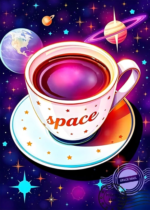 Sternentasse mit Untertasse schwebt zwischen Planeten, im Hintergrund Erde und ein Ringplanet