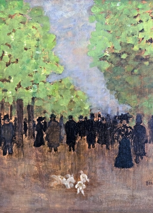 Parisians strolling under green trees on a boulevard with two small white dogs, Bonnard postcard