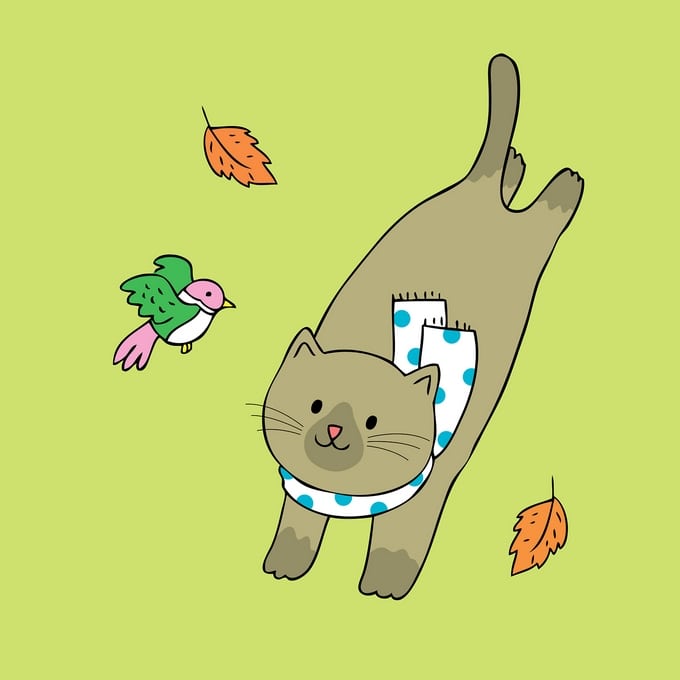 Illustrated postcard of a stretching cat in a polka-dot sock watching a bird among falling autumn leaves